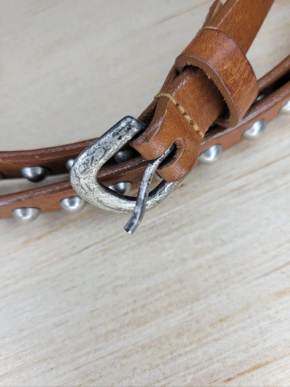 Cobalt Brown Italian Leather Double Layer Skinny Metal Studded Belt M/L